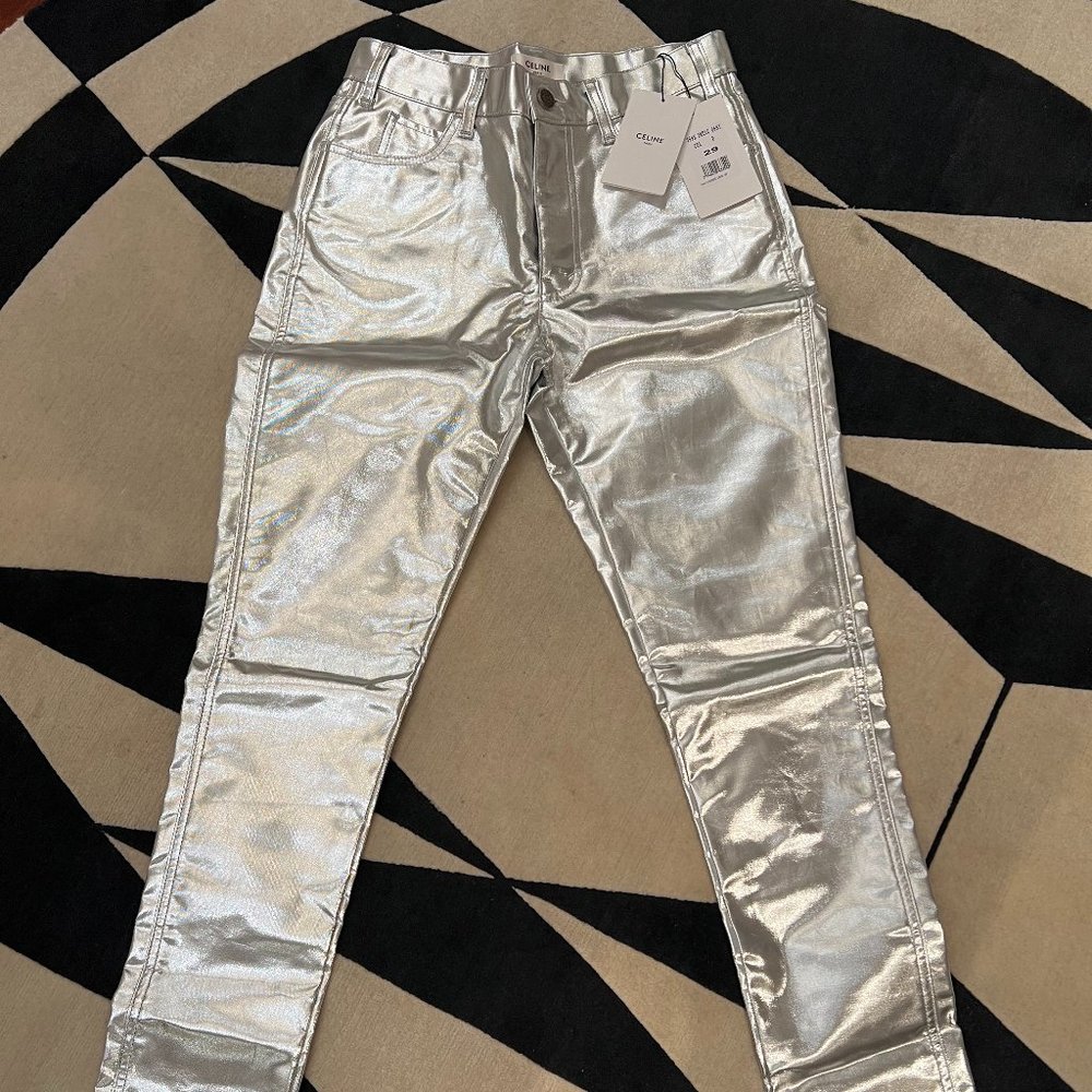 Celine Metallic Silver Skinny Stretch Denim Pants